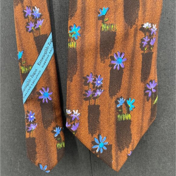 Ermenegildo Zegna 100% silk Tie Matte Brown Blue‎ Floral Preppy Classic GQ - Picture 1 of 9